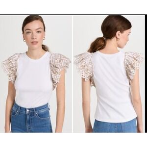 Veronica Beard Jeans White Ribbed Knit Top with Eyelet Ruffle‎ Sleeves